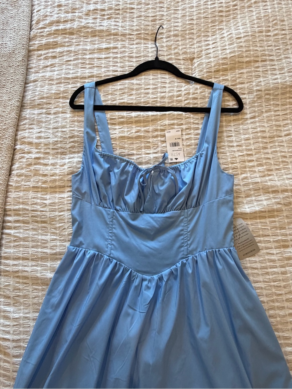 Astr Powder Blue Midi Dress with Ruched Bust and Wide Straps